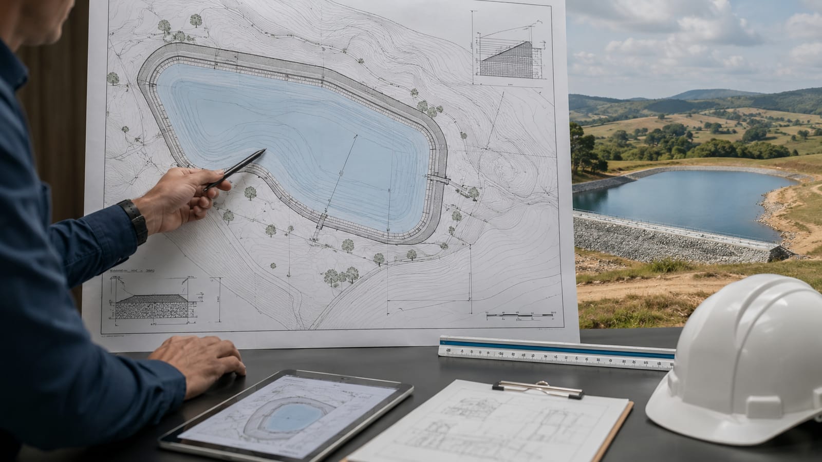 Engenheiro analisando planta técnica de projeto de reservatório off-stream