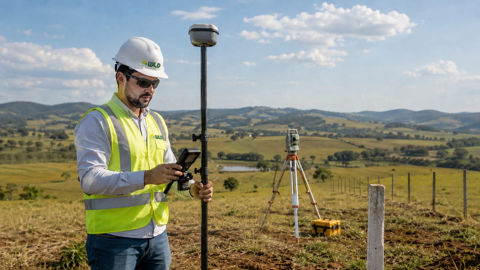 Topógrafo realizando levantamento com GNSS em propriedade rural