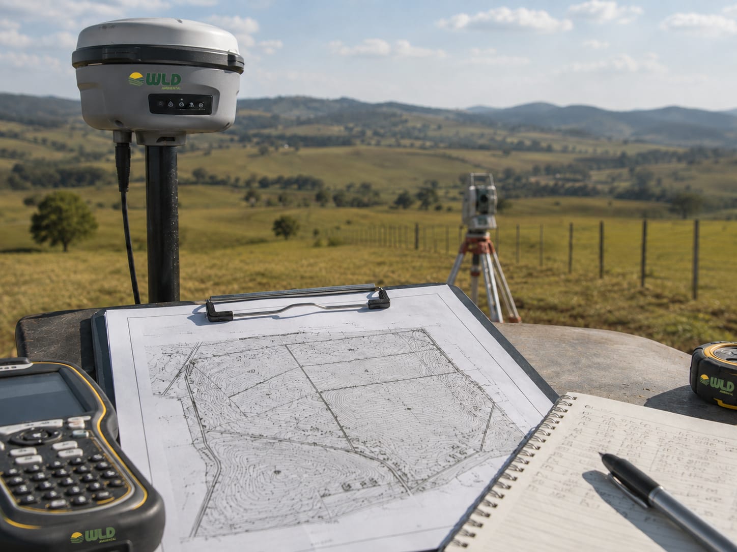 Planta e equipamentos utilizados em levantamento topográfico